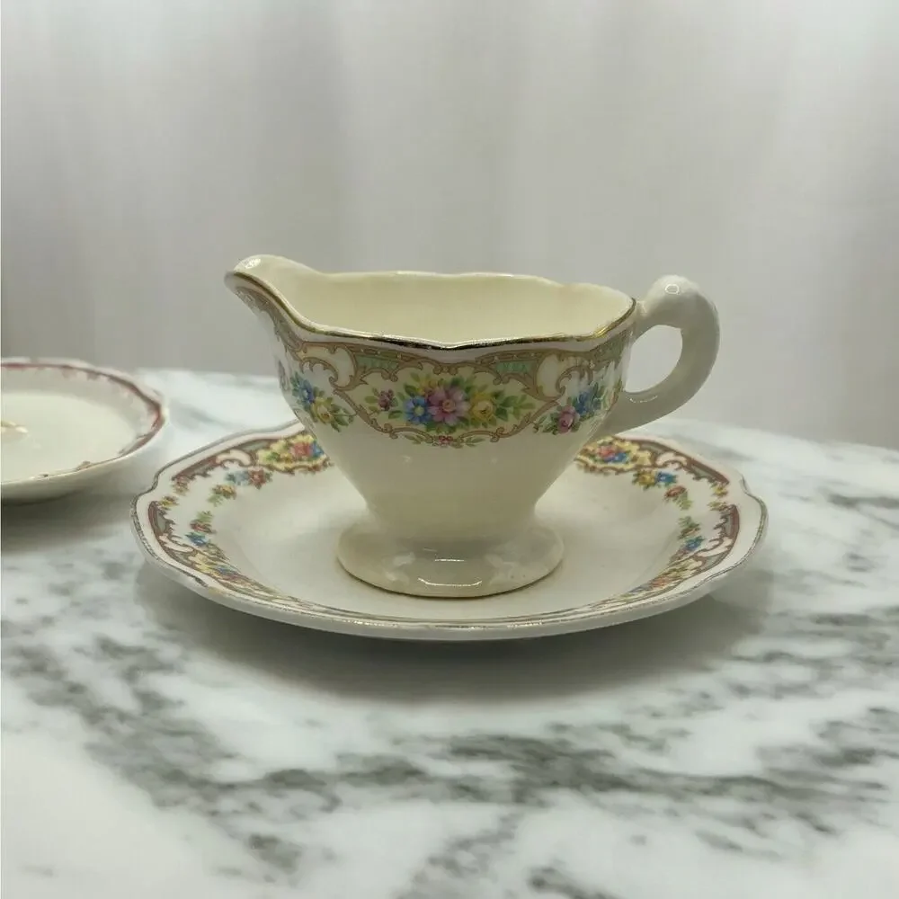 Antique 1930s Mount Clemens Mildred Footed Creamer & Plate Gold Trimmed USA USA